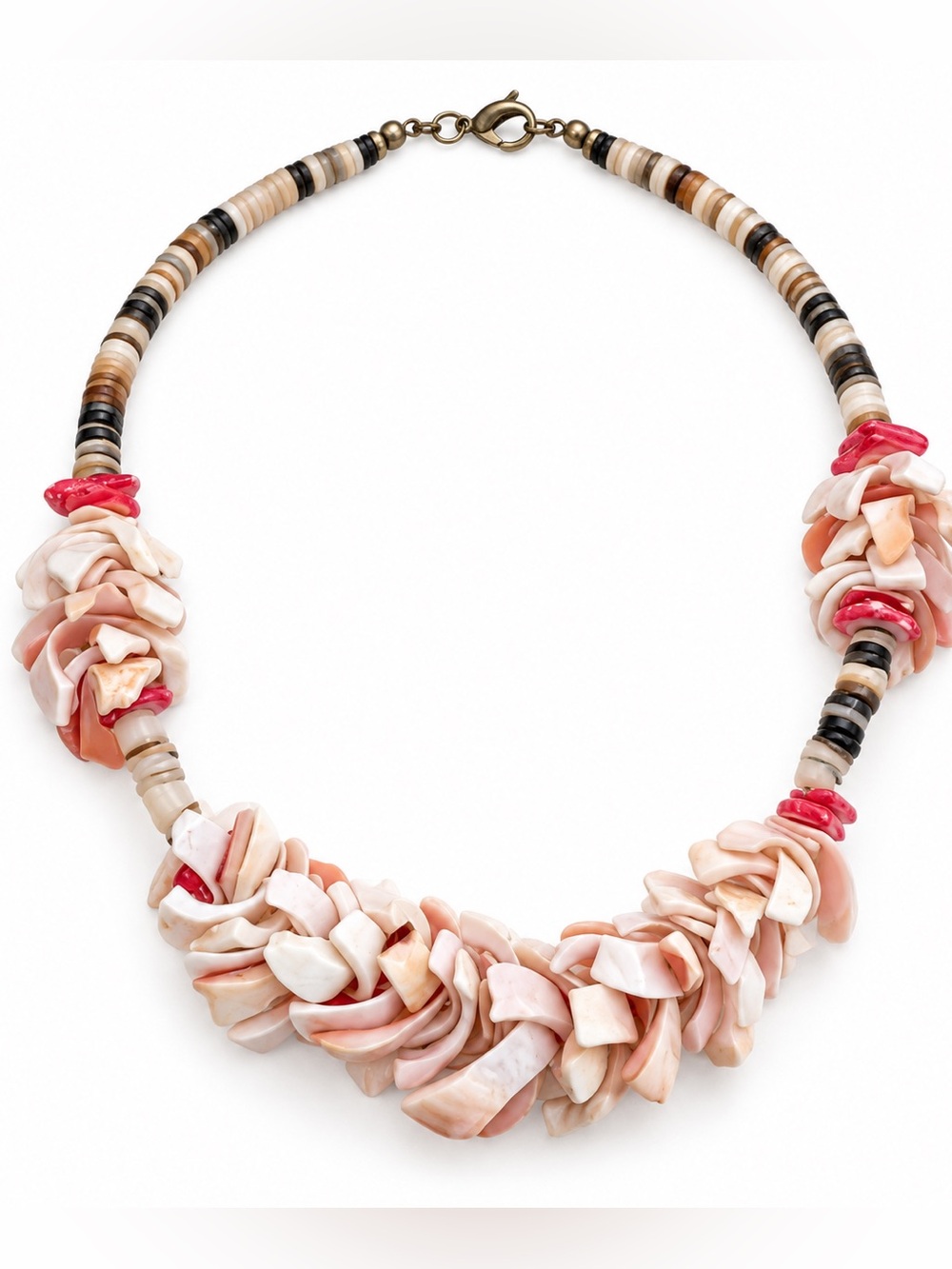 Vintage Shell Chip Statement Necklace – Pink Coral Cream Boho